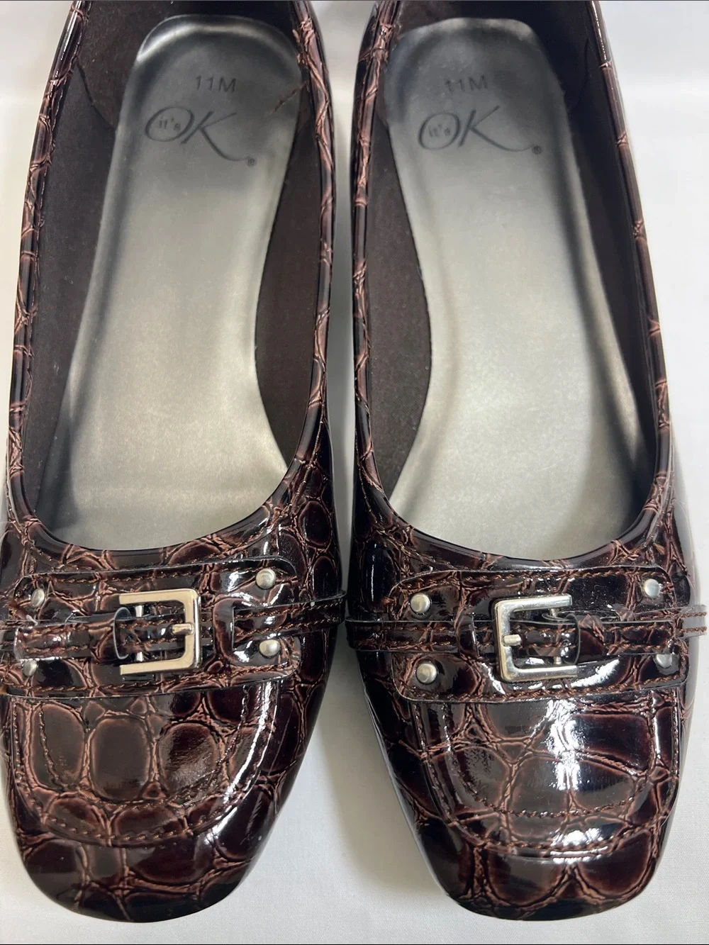 Classic Brown Croc-Embossed Buckle Ballet Flats